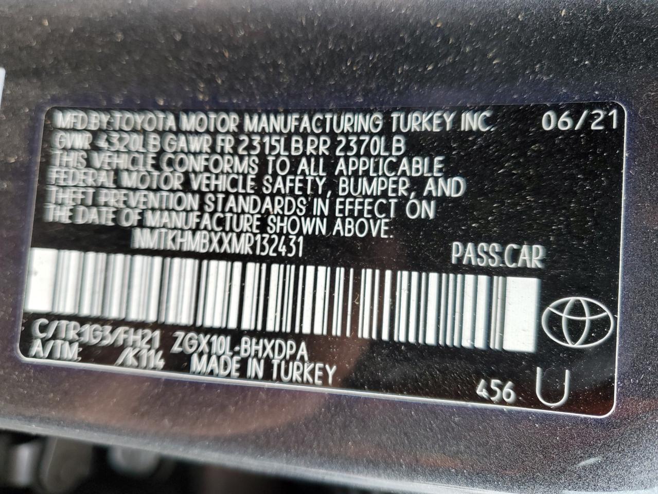 2021 Toyota C-Hr Xle VIN: NMTKHMBXXMR132431 Lot: 71211065