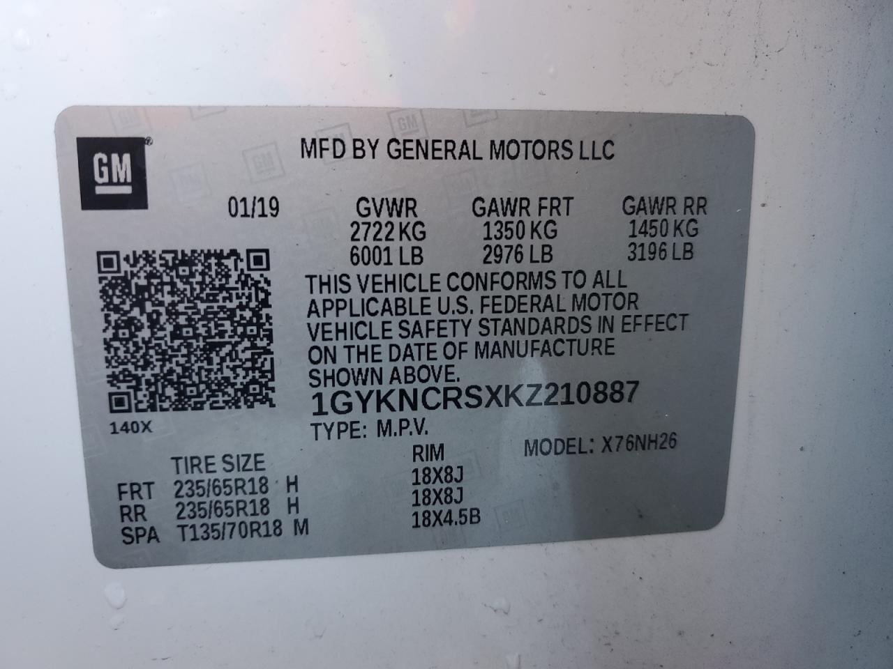 2019 Cadillac Xt5 Luxury VIN: 1GYKNCRSXKZ210887 Lot: 86155345