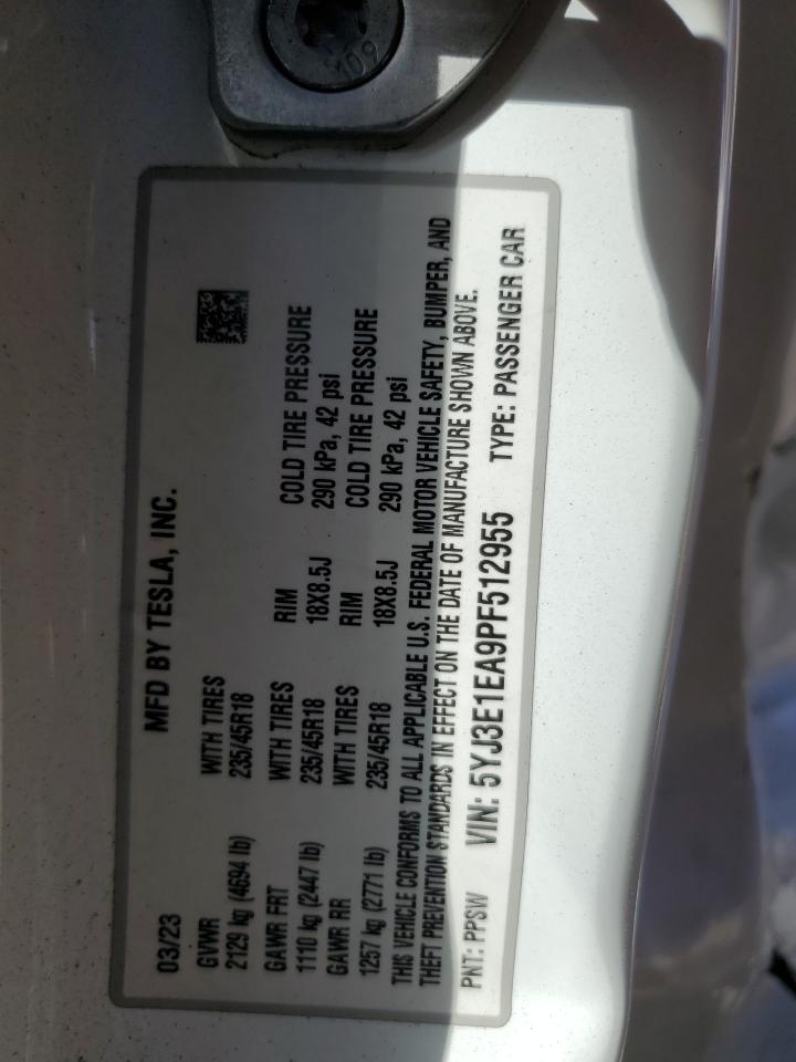 2023 Tesla Model 3 VIN: 5YJ3E1EA9PF512955 Lot: 89838115
