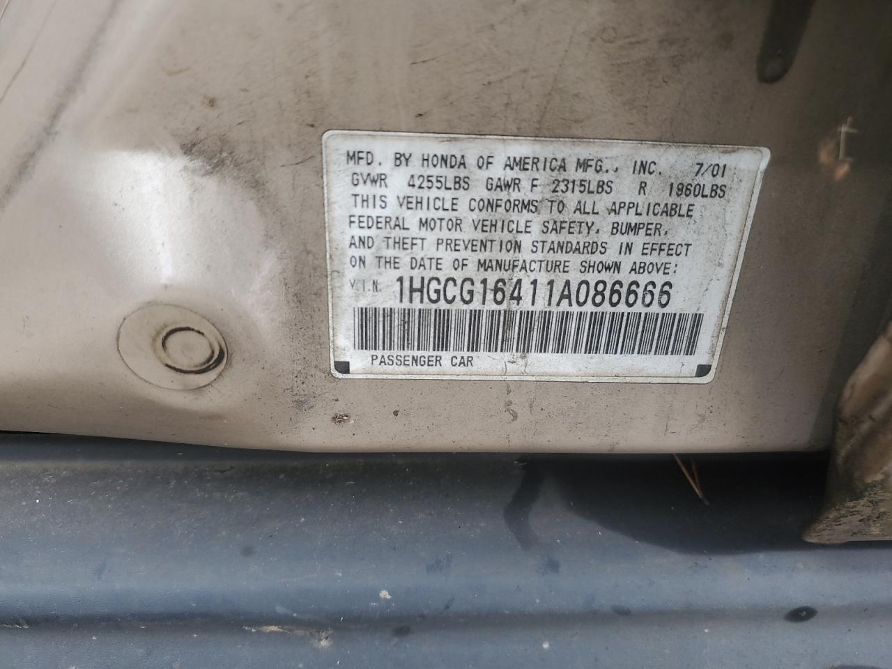 2001 Honda Accord Lx VIN: 1HGCG16411A086666 Lot: 87193675