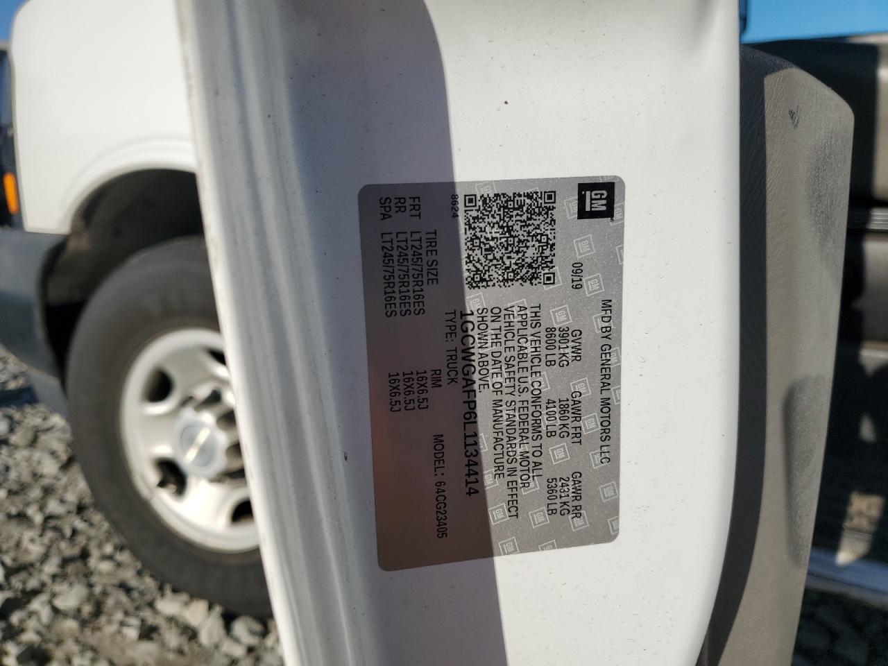 2020 Chevrolet Express G2500 VIN: 1GCWGAFP6L1134414 Lot: 87265375