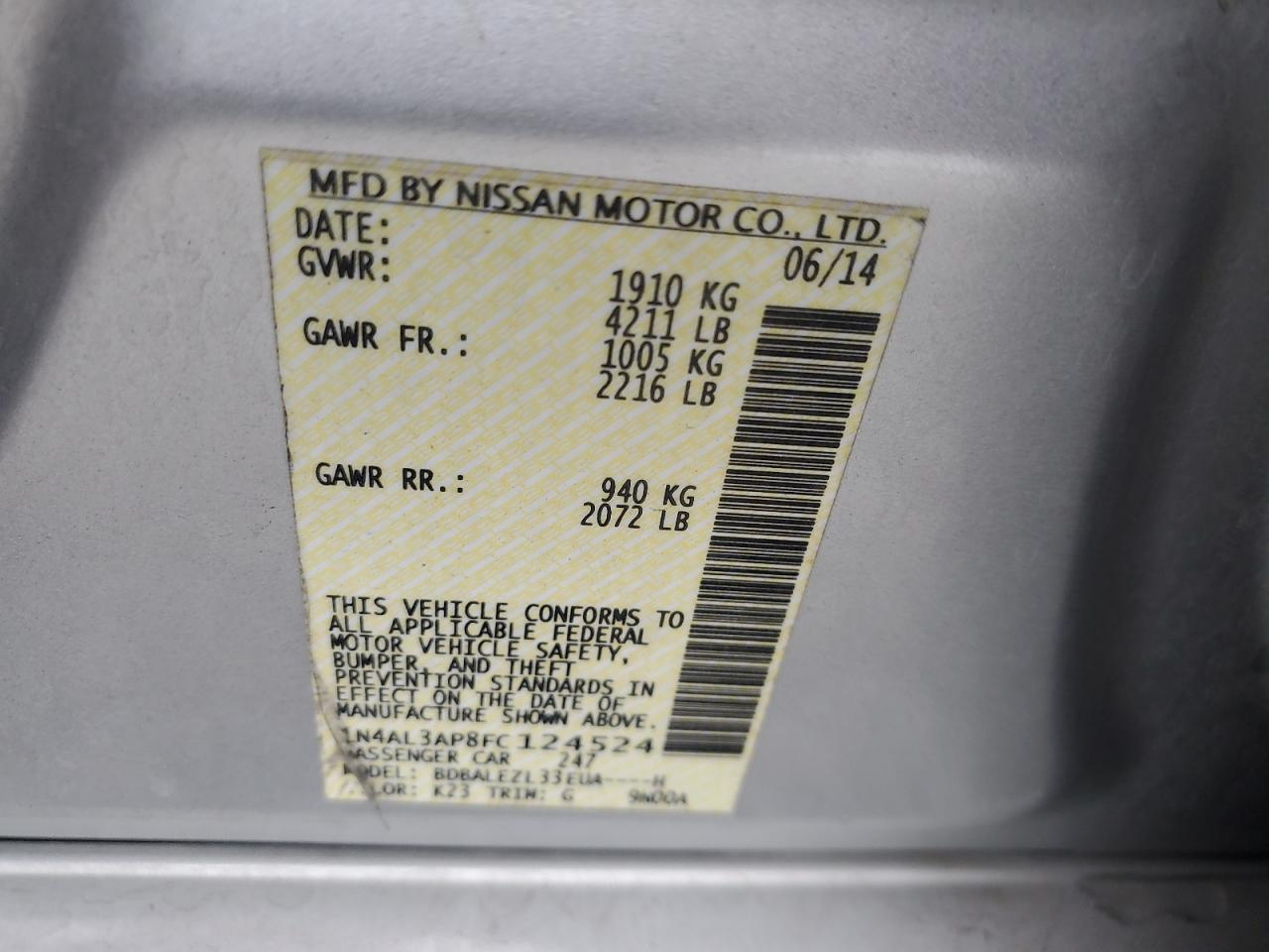 2015 Nissan Altima 2.5 VIN: 1N4AL3AP8FC124524 Lot: 85859275