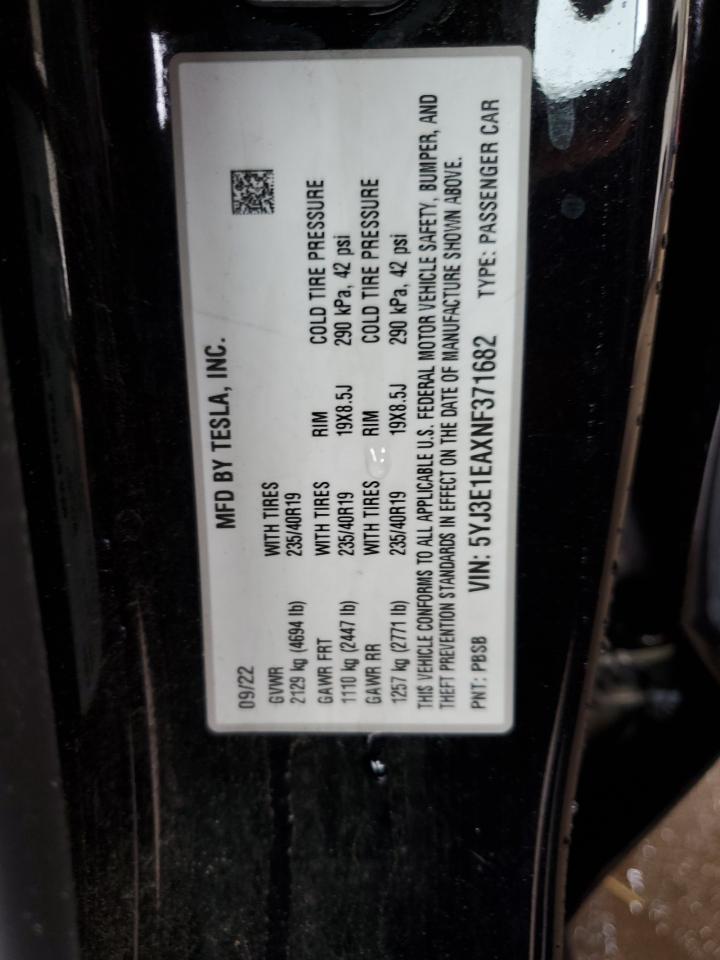 2022 Tesla Model 3 VIN: 5YJ3E1EAXNF371682 Lot: 85188845