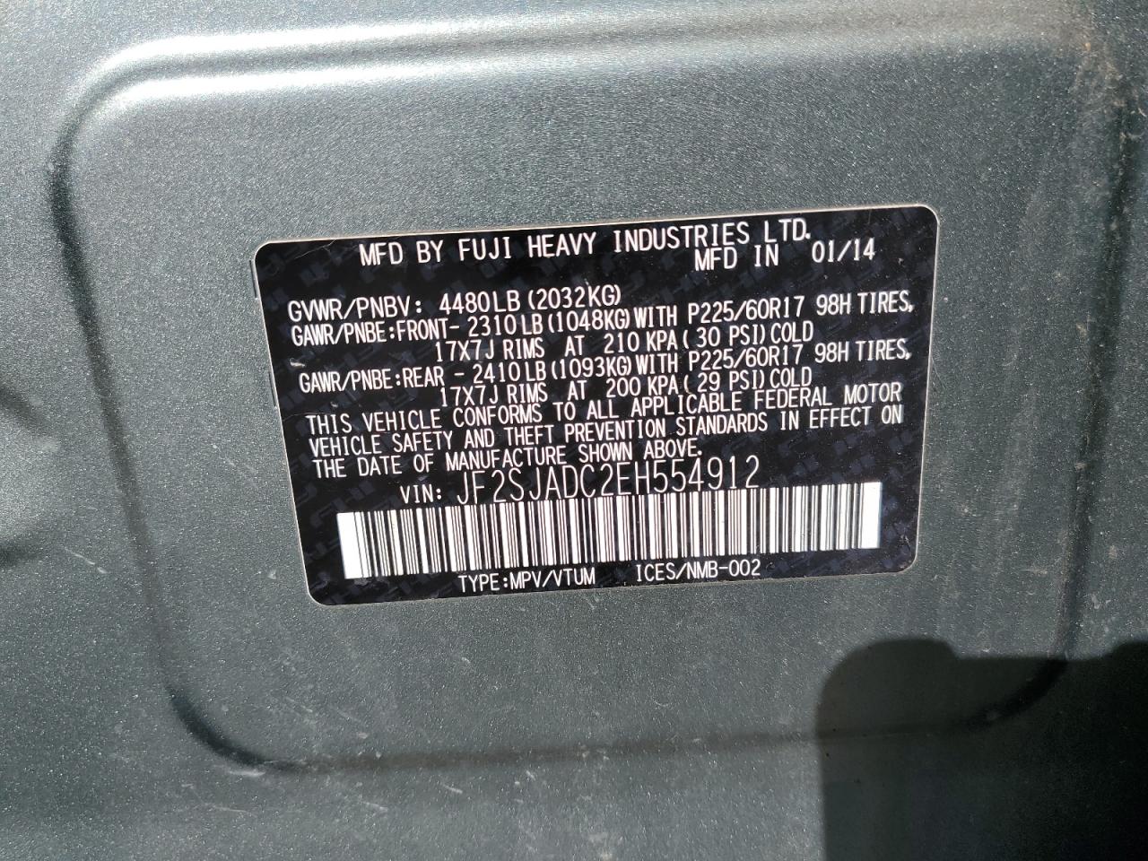 2014 Subaru Forester 2.5I Premium VIN: JF2SJADC2EH554912 Lot: 86628145