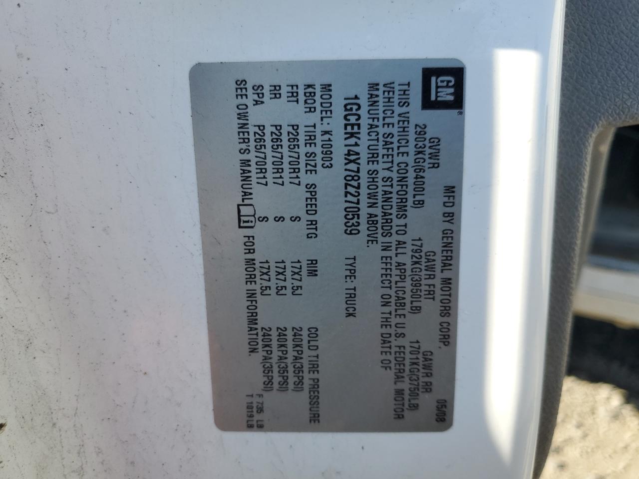 2008 Chevrolet Silverado K1500 VIN: 1GCEK14X78Z270539 Lot: 81838095