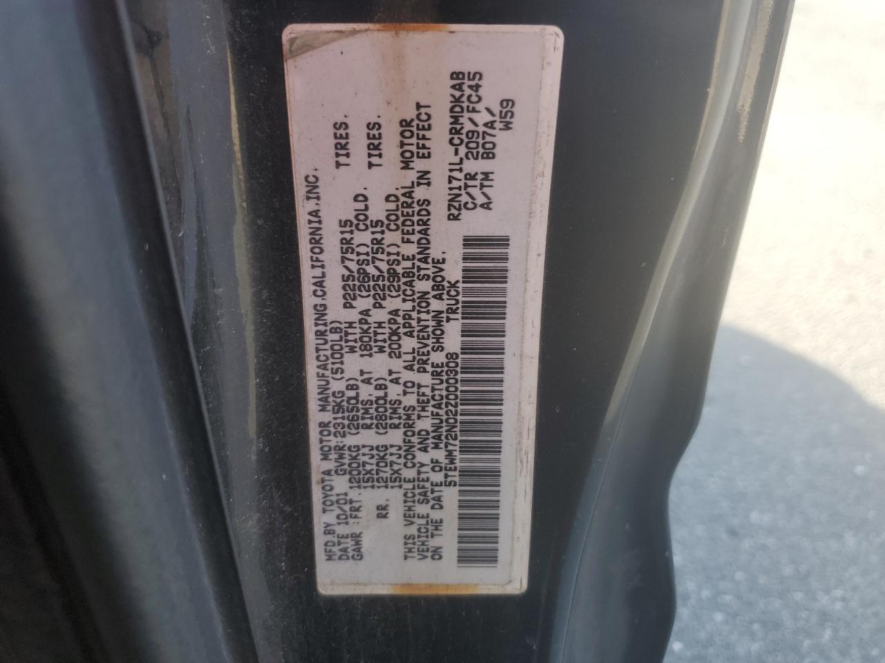 2002 Toyota Tacoma Xtracab VIN: 5TEWM72N02Z000308 Lot: 81941475