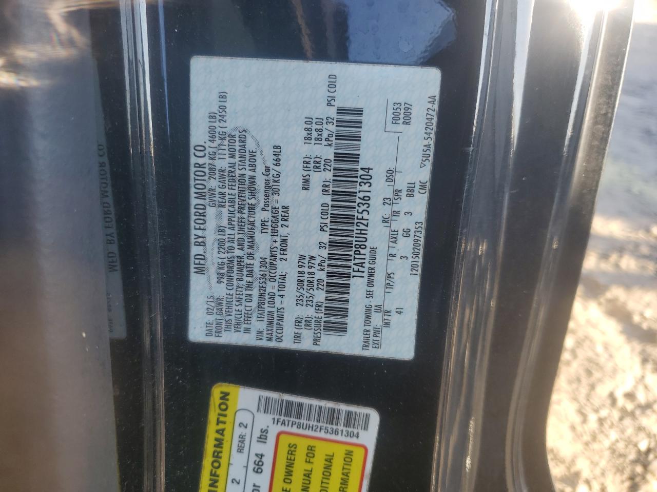 2015 Ford Mustang VIN: 1FATP8UH2F5361304 Lot: 81951195