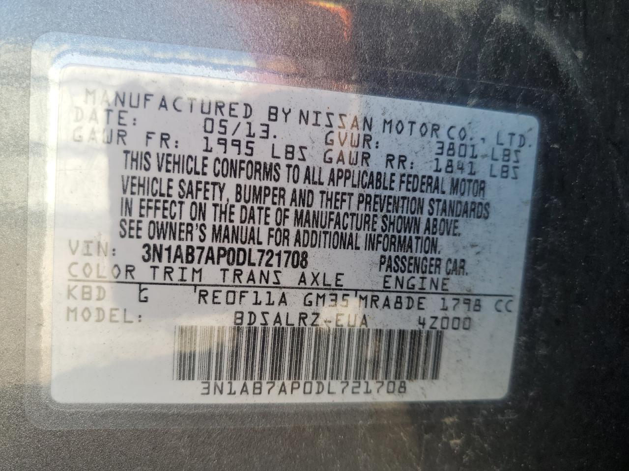 2013 Nissan Sentra S VIN: 3N1AB7AP0DL721708 Lot: 85553235