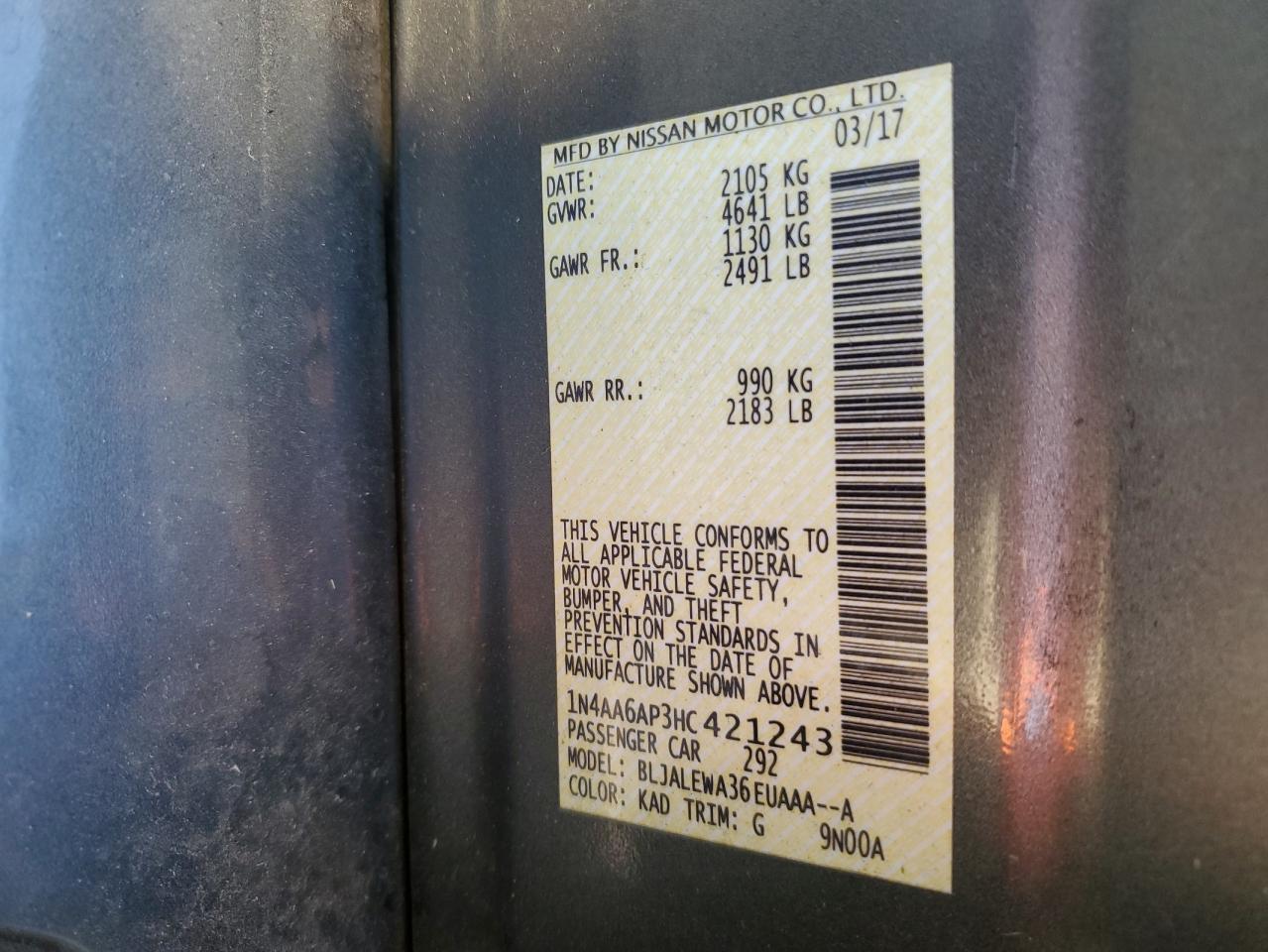 2017 Nissan Maxima 3.5S VIN: 1N4AA6AP3HC421243 Lot: 86105995