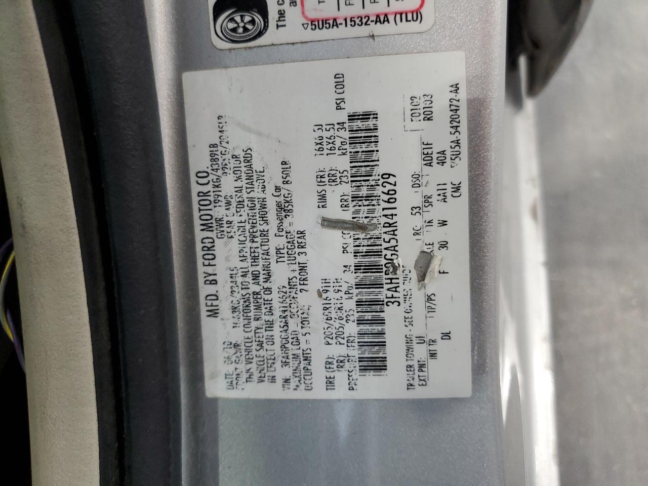 2010 Ford Fusion S VIN: 3FAHP0GA5AR416629 Lot: 84929755