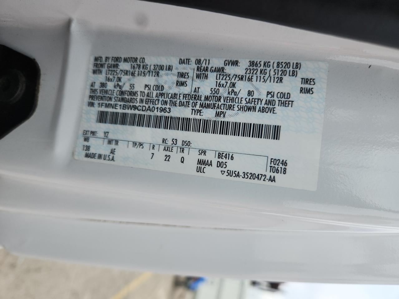 2012 Ford Econoline E150 Wagon VIN: 1FMNE1BW9CDA01963 Lot: 85538595