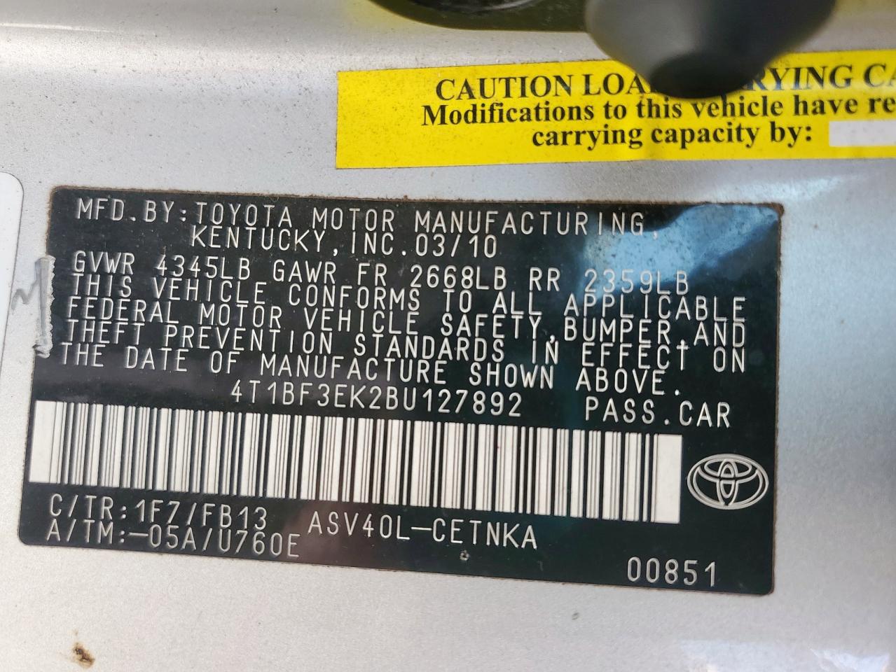 2011 Toyota Camry Base VIN: 4T1BF3EK2BU127892 Lot: 86533495