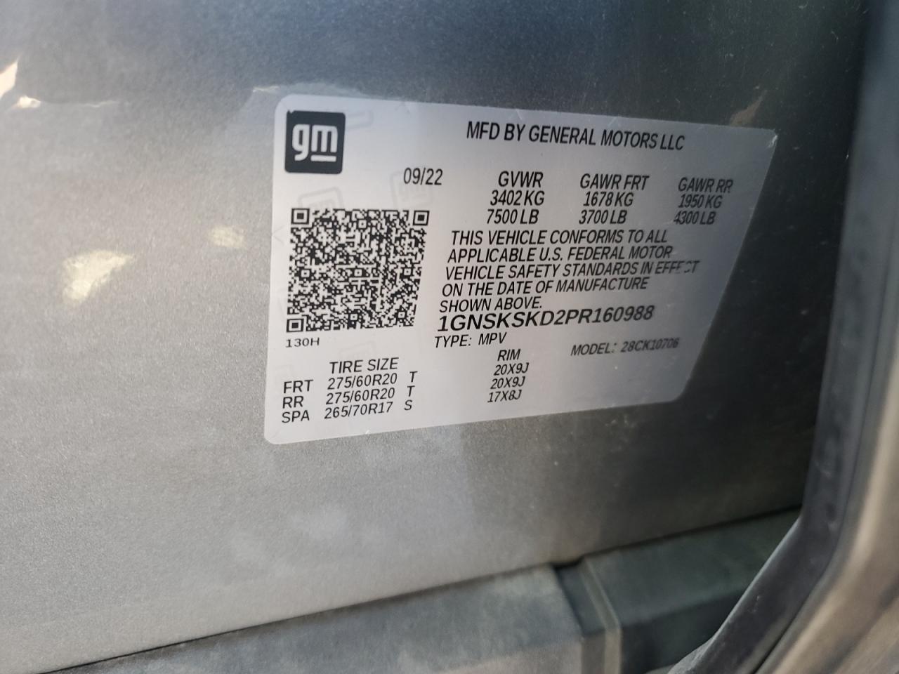 2023 Chevrolet Tahoe K1500 Premier VIN: 1GNSKSKD2PR160988 Lot: 82379025