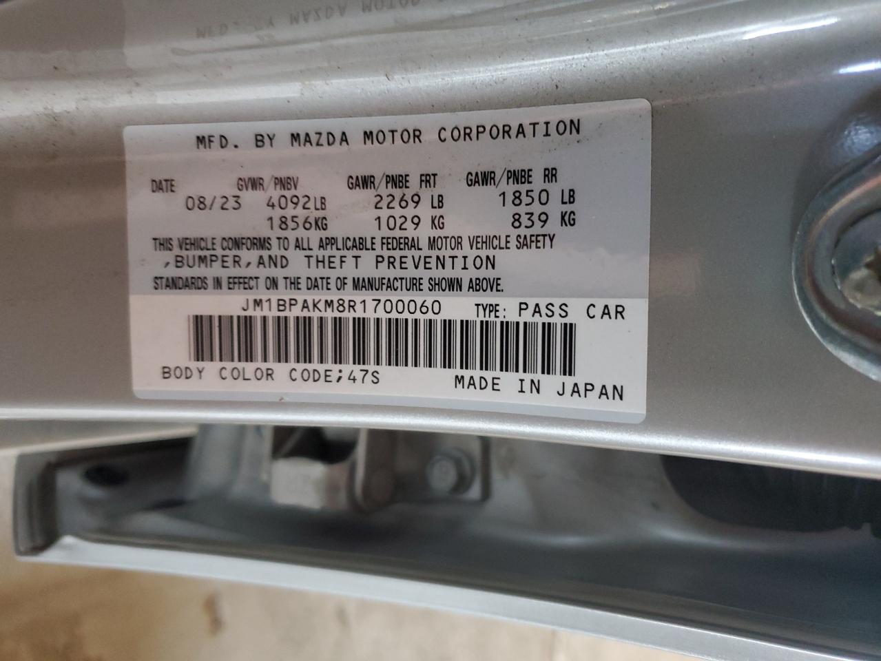 2024 Mazda 3 Select Sport VIN: JM1BPAKM8R1700060 Lot: 90313205