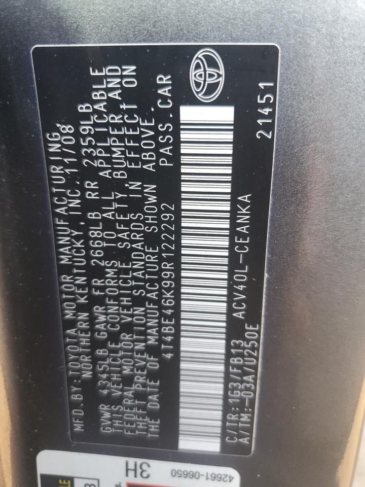 2009 Toyota Camry Base VIN: 4T4BE46K99R122292 Lot: 82462845