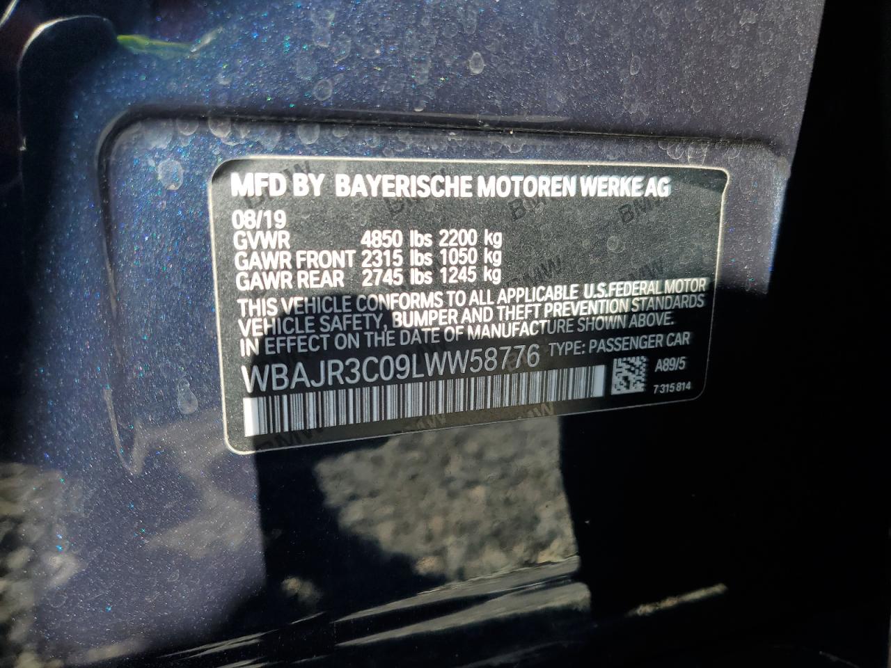 2020 BMW 530 I VIN: WBAJR3C09LWW58776 Lot: 84893455