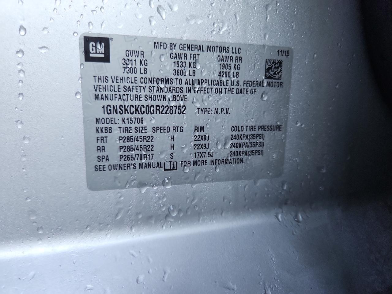 2016 Chevrolet Tahoe K1500 Ltz VIN: 1GNSKCKC0GR228752 Lot: 87304935