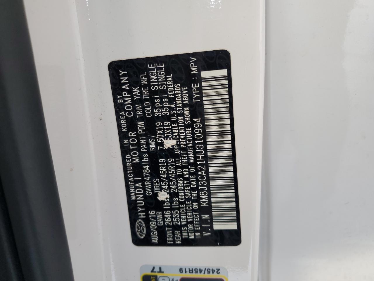 2017 Hyundai Tucson Limited VIN: KM8J3CA21HU310994 Lot: 84451955