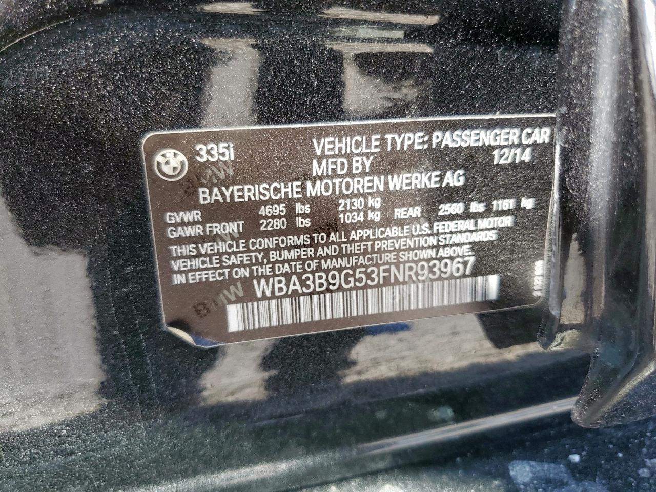 2015 BMW 335 Xi VIN: WBA3B9G53FNR93967 Lot: 82193925