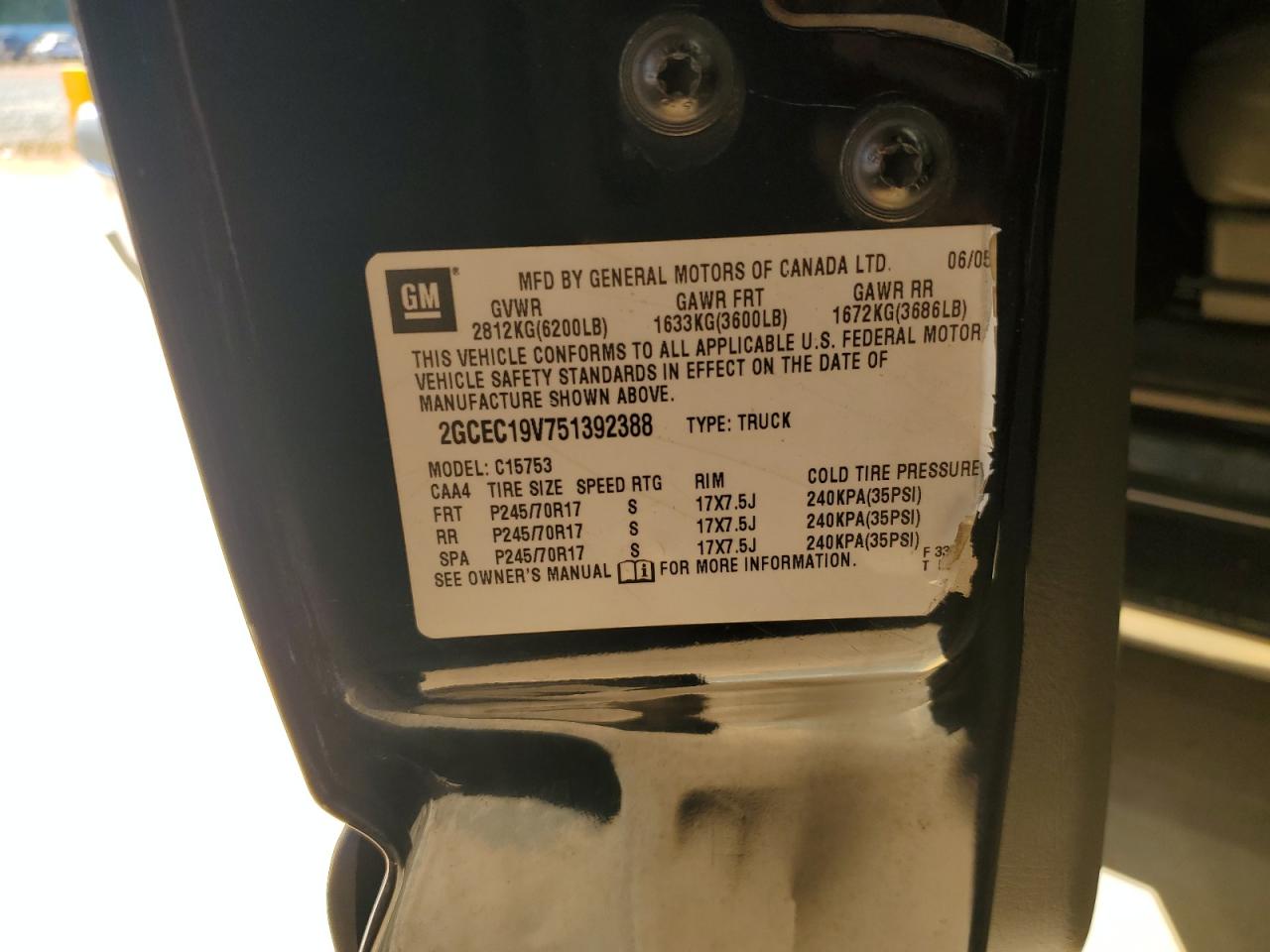 2005 Chevrolet Silverado C1500 VIN: 2GCEC19V751392388 Lot: 85008425