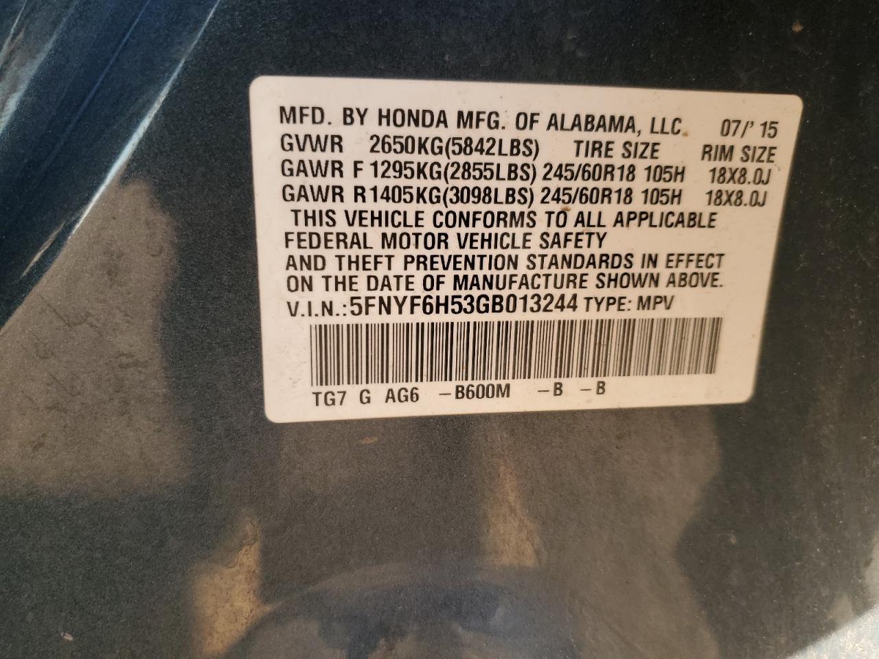 2016 Honda Pilot Exl VIN: 5FNYF6H53GB013244 Lot: 84976615