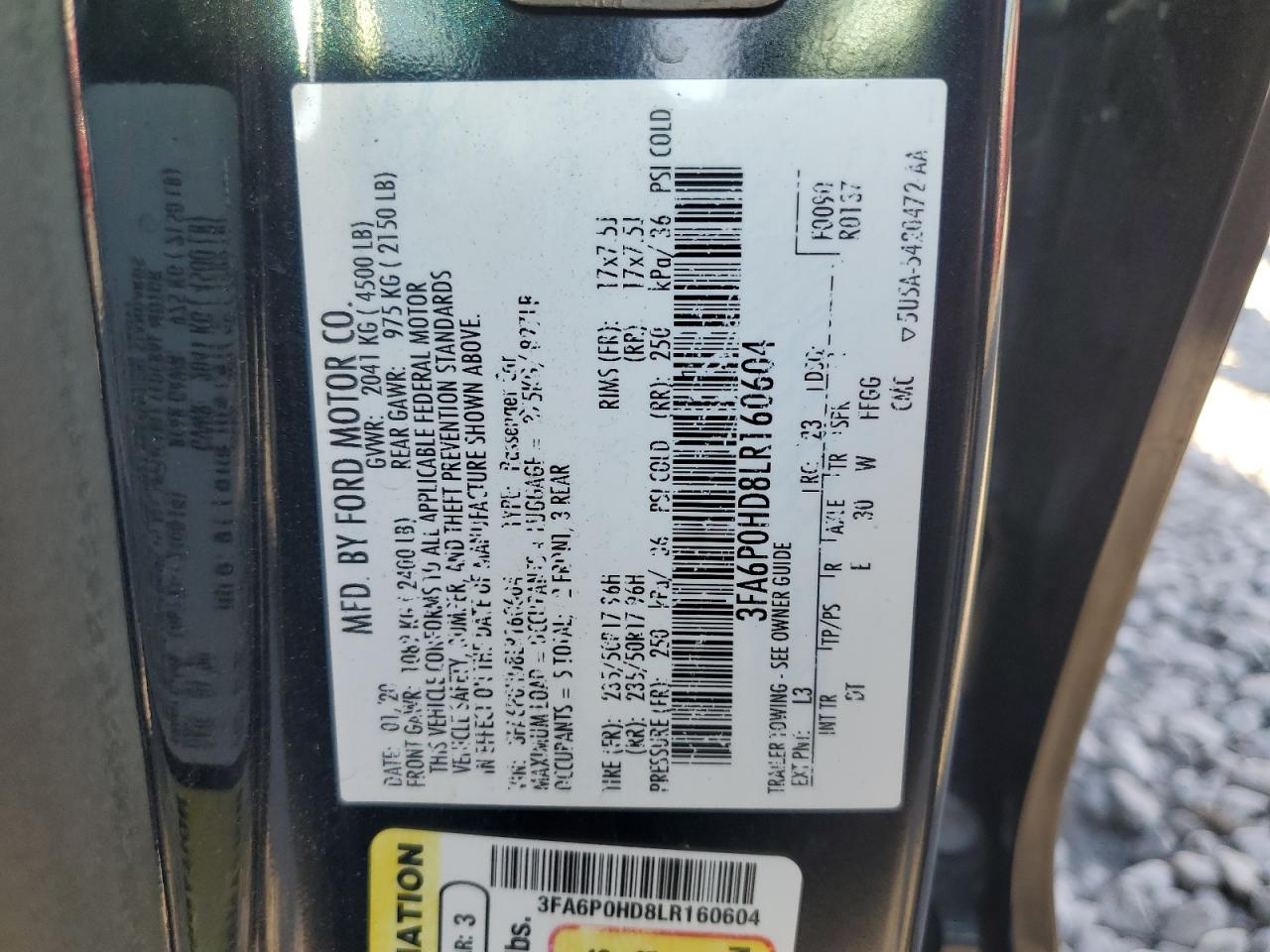 2020 Ford Fusion Se VIN: 3FA6P0HD8LR160604 Lot: 85950445