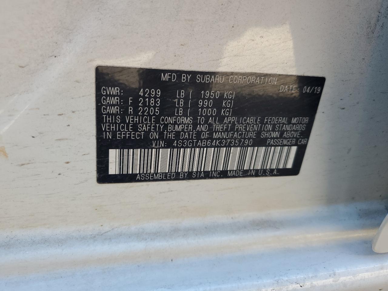 2019 Subaru Impreza VIN: 4S3GTAB64K3735790 Lot: 84990735