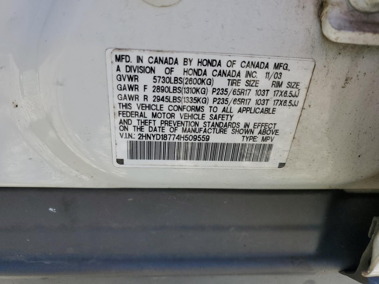 2004 Acura Mdx Touring VIN: 2HNYD18774H509559 Lot: 90709595