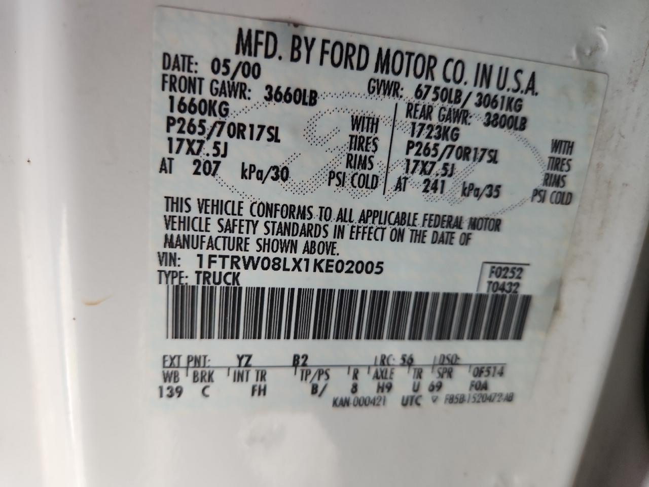 2001 Ford F150 Supercrew VIN: 1FTRW08LX1KE02005 Lot: 87033835