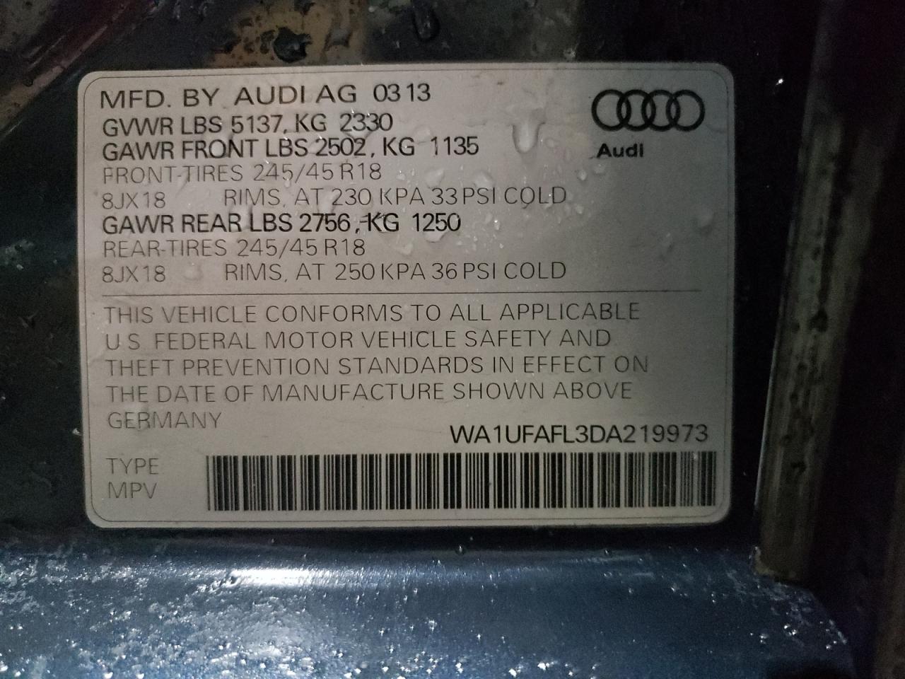 2013 Audi A4 Allroad Premium Plus VIN: WA1UFAFL3DA219973 Lot: 82580295