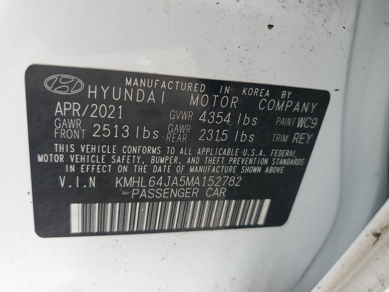 2021 Hyundai Sonata Sel VIN: KMHL64JA5MA152782 Lot: 84030655