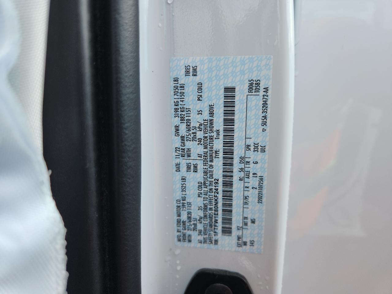 2022 Ford F150 Supercrew VIN: 1FTFW1E80NKF24192 Lot: 87096035