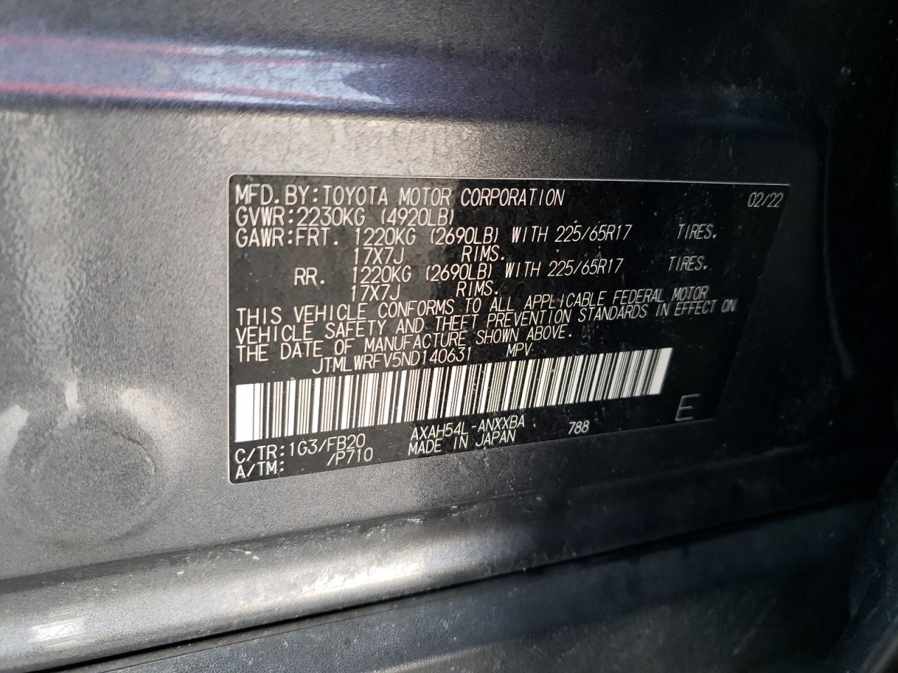 2022 Toyota Rav4 Le VIN: JTMLWRFV5ND140631 Lot: 85944875