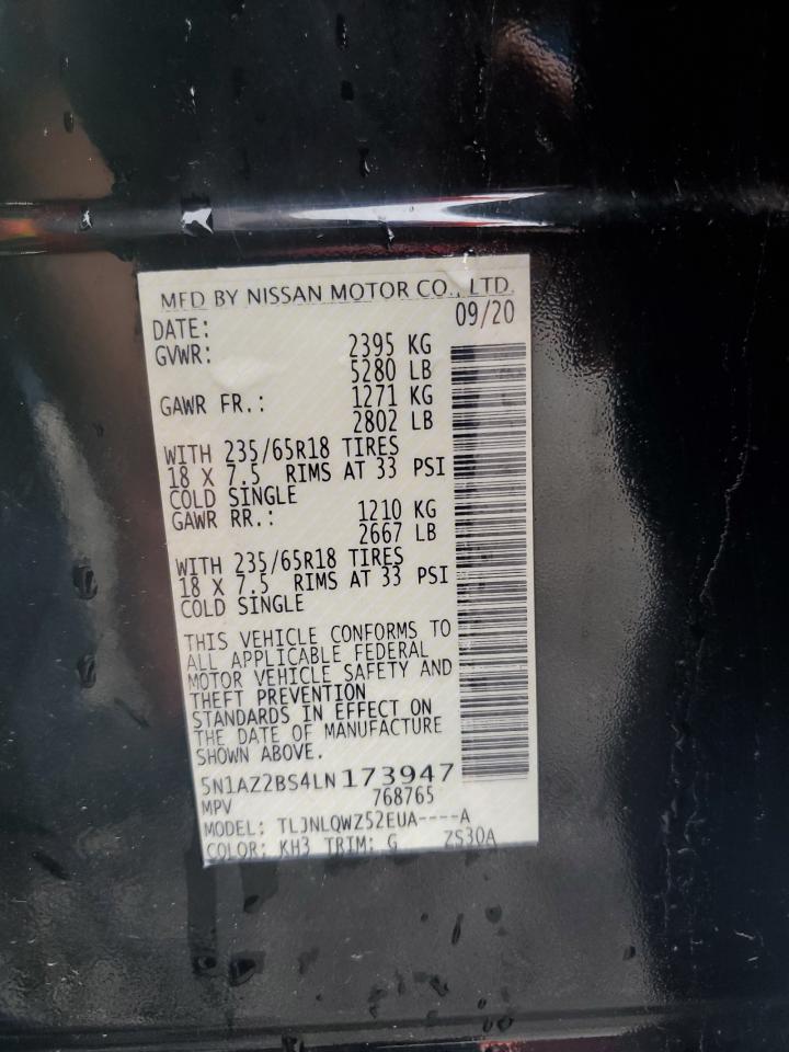 2020 Nissan Murano Sv VIN: 5N1AZ2BS4LN173947 Lot: 85354105