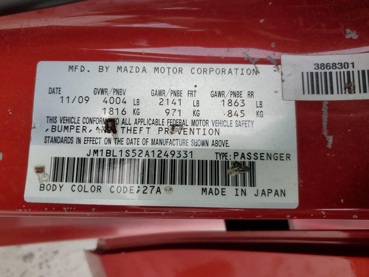 2010 Mazda 3 S VIN: JM1BL1S52A1249331 Lot: 86112865