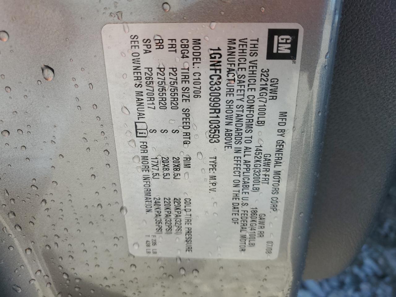 2009 Chevrolet Tahoe C1500 Ltz VIN: 1GNFC33099R103593 Lot: 84931155