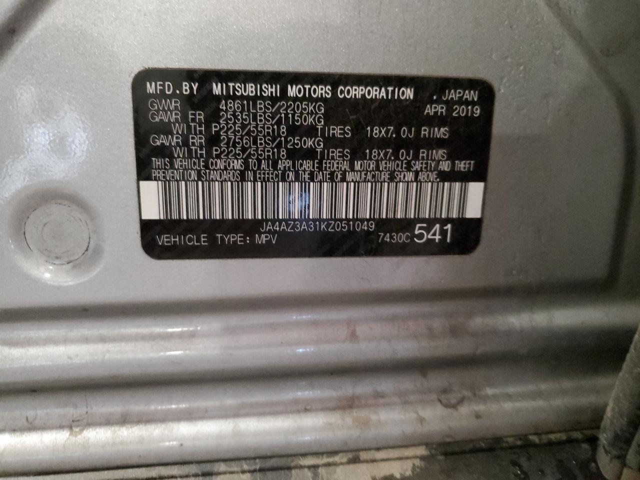 2019 Mitsubishi Outlander Se VIN: JA4AZ3A31KZ051049 Lot: 87193155