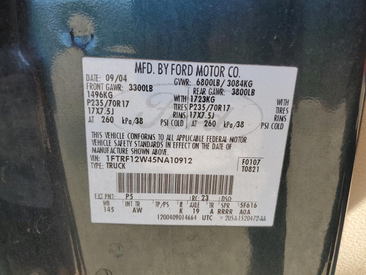 2005 Ford F150 VIN: 1FTRF12W45NA10912 Lot: 87404055