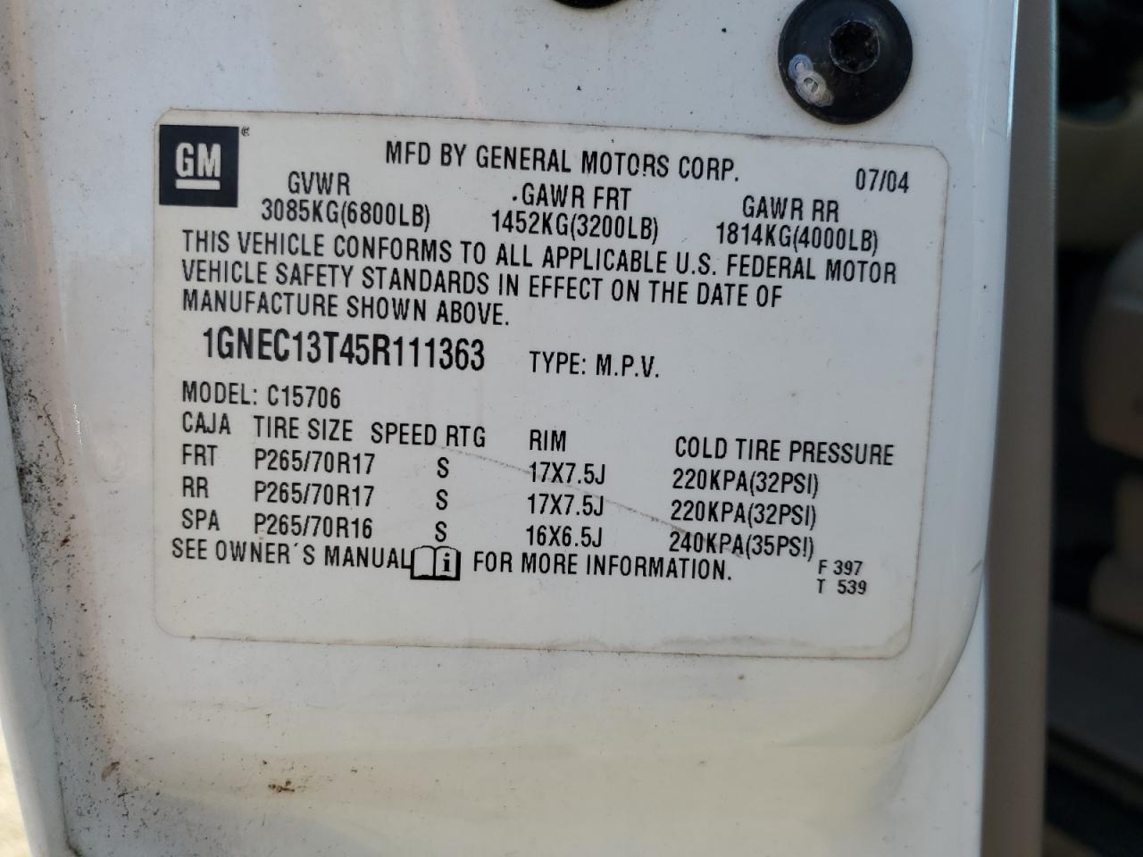 2005 Chevrolet Tahoe C1500 VIN: 1GNEC13T45R111363 Lot: 85571285