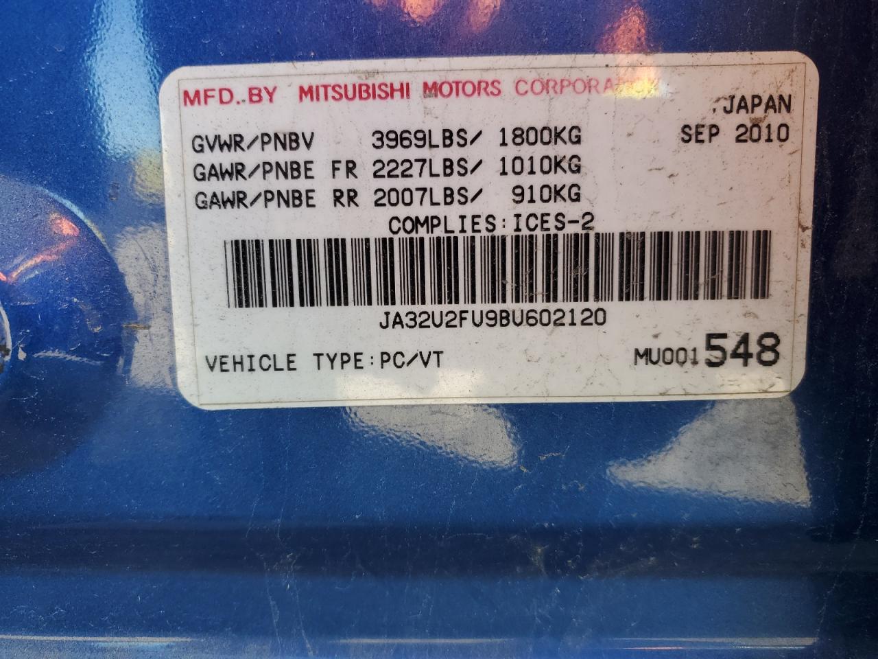 2011 Mitsubishi Lancer Es/Es Sport VIN: JA32U2FU9BU602120 Lot: 86791135