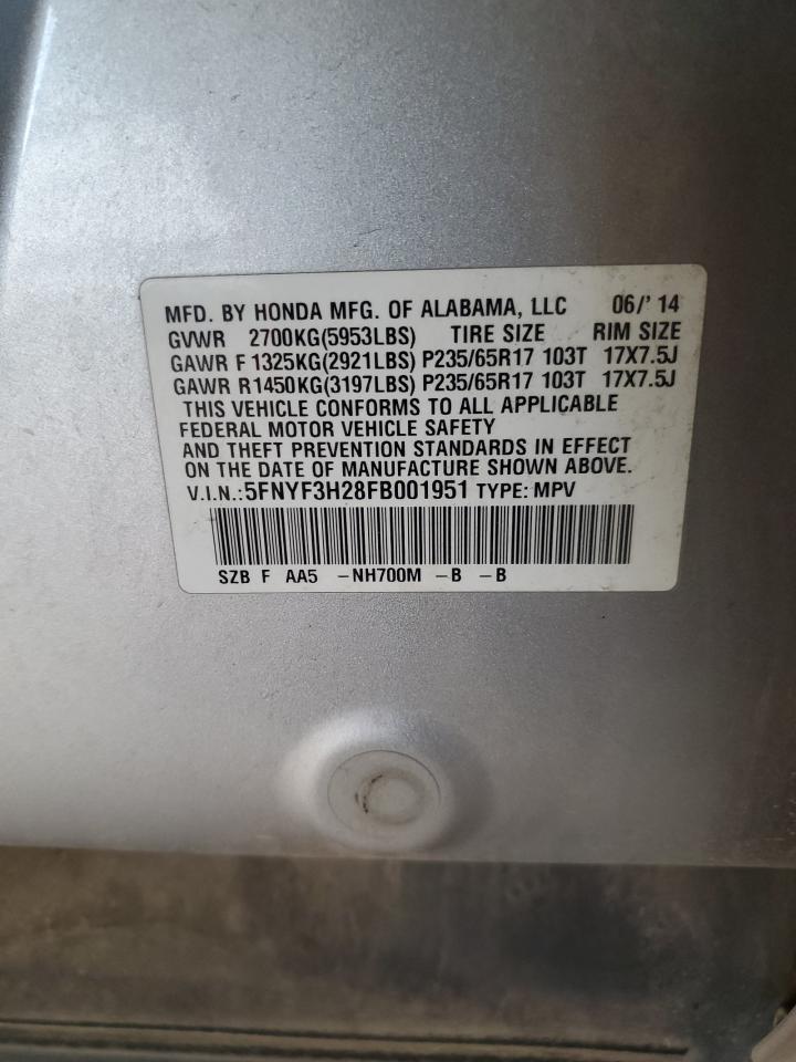 2015 Honda Pilot Lx VIN: 5FNYF3H28FB001951 Lot: 85493115