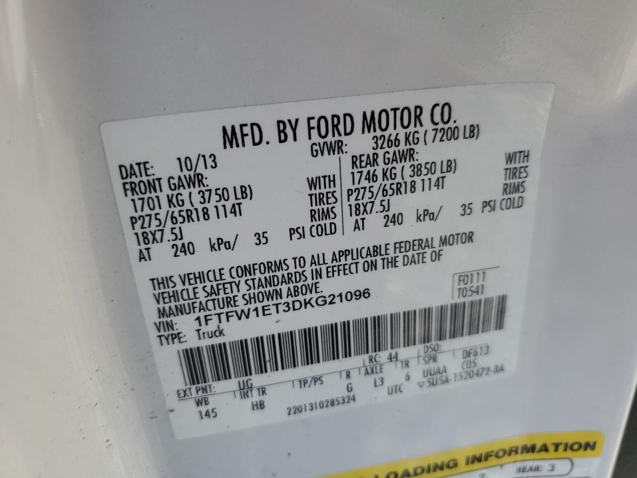 2013 Ford F150 Supercrew VIN: 1FTFW1ET3DKG21096 Lot: 84642195