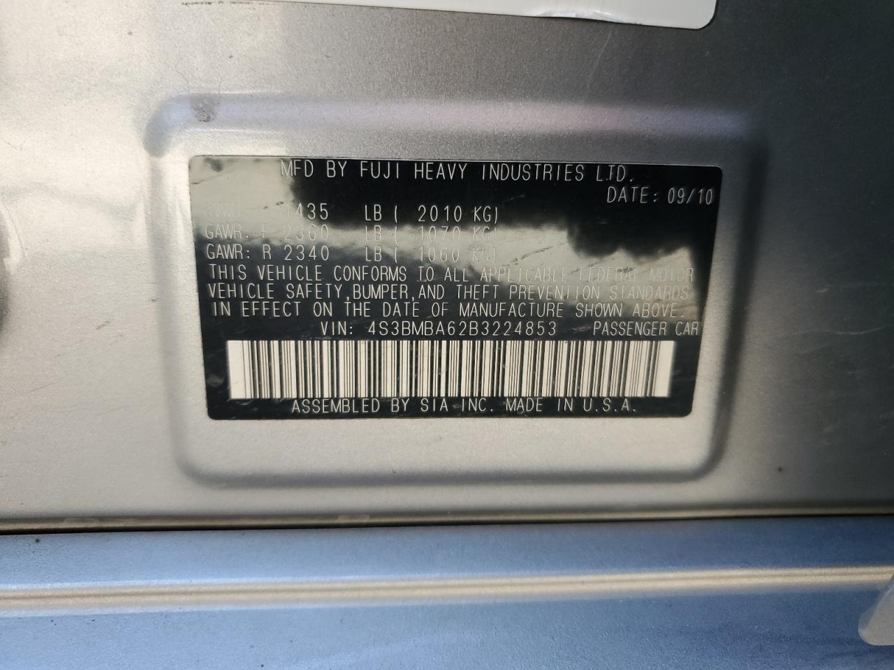 2011 Subaru Legacy 2.5I VIN: 4S3BMBA62B3224853 Lot: 81848135