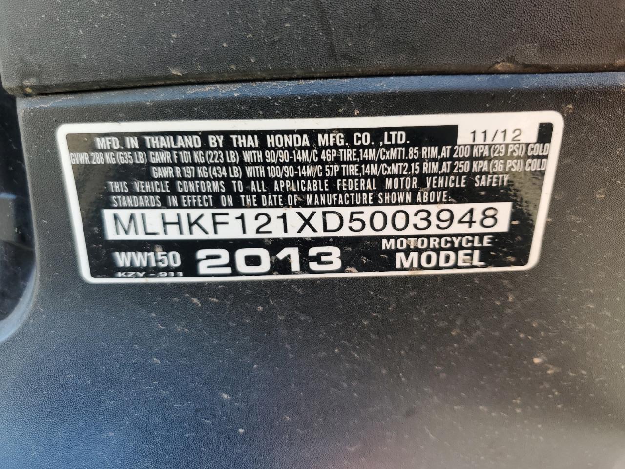 2013 Honda Pcx 150 VIN: MLHKF121XD5003948 Lot: 90142635