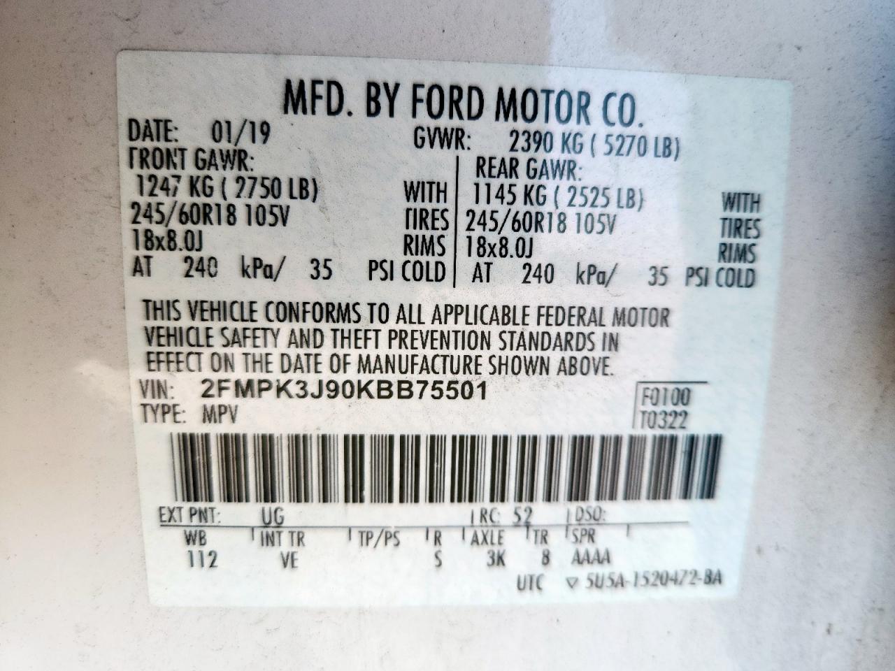 2019 Ford Edge Sel VIN: 2FMPK3J90KBB75501 Lot: 84627385