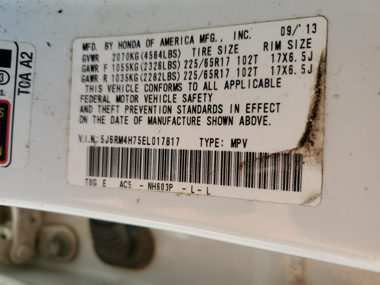 2014 Honda Cr-V Exl VIN: 5J6RM4H75EL017817 Lot: 86883995