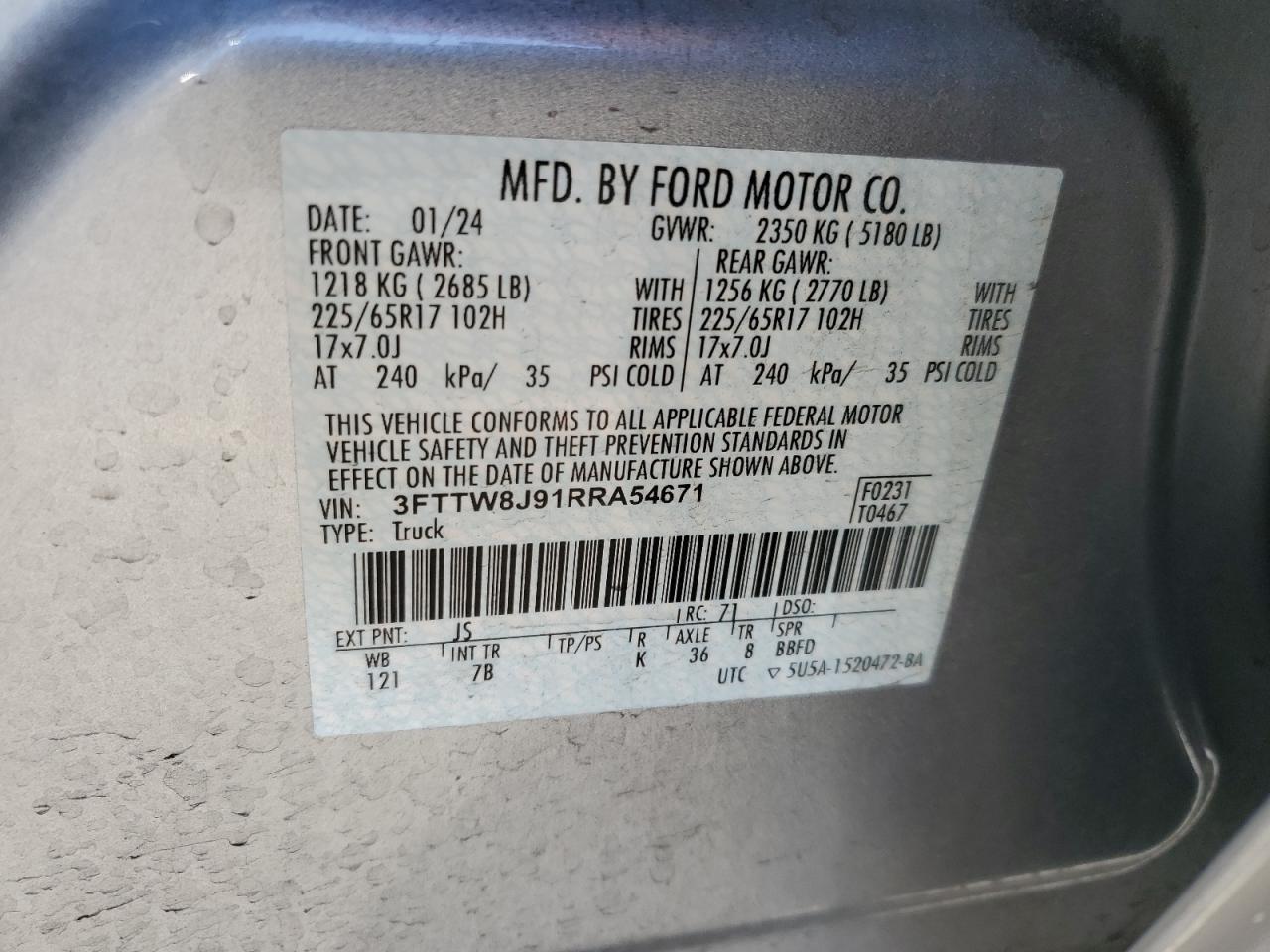 2024 Ford Maverick Xlt VIN: 3FTTW8J91RRA54671 Lot: 89683855