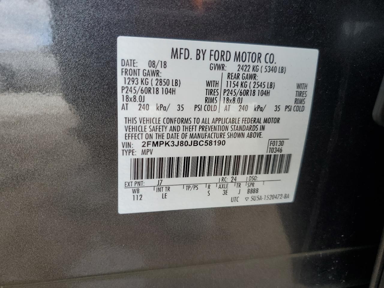 2018 Ford Edge Sel VIN: 2FMPK3J80JBC58190 Lot: 84776715