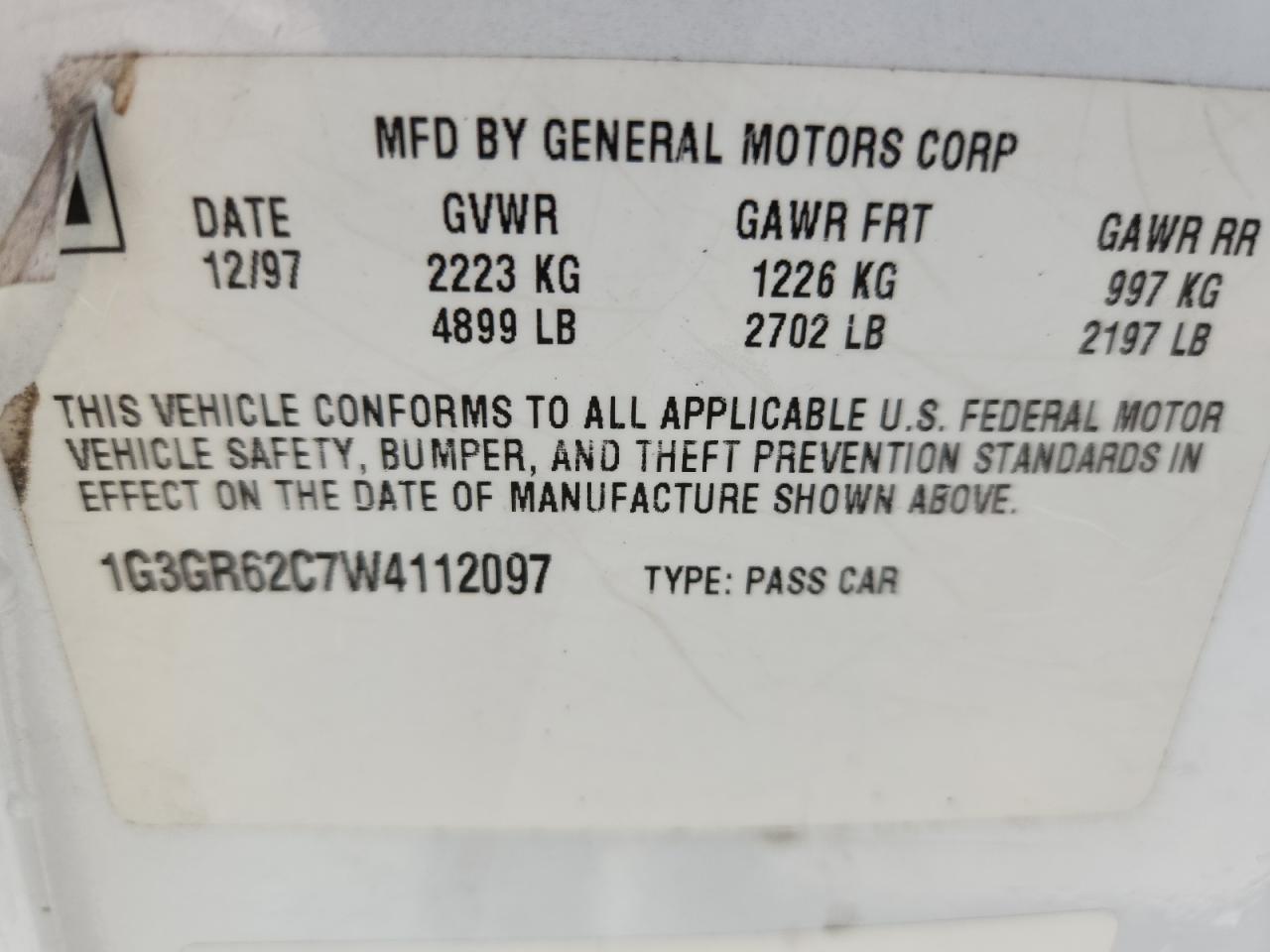 1998 Oldsmobile Aurora VIN: 1G3GR62C7W4112097 Lot: 84971315