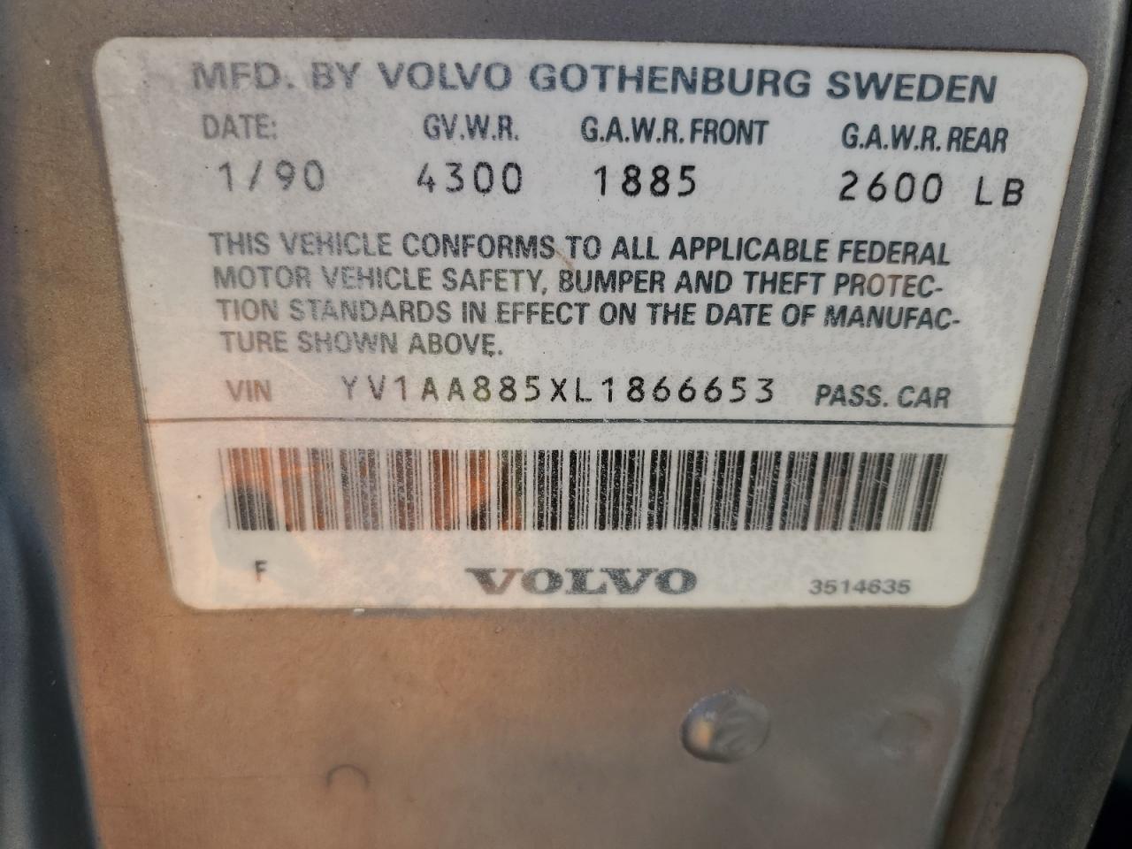 1990 Volvo 240 Base VIN: YV1AA885XL1866653 Lot: 85832325